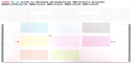 На данном изображении представлен из сервисного режима принтера i9950 фрагмент тестовой печати.