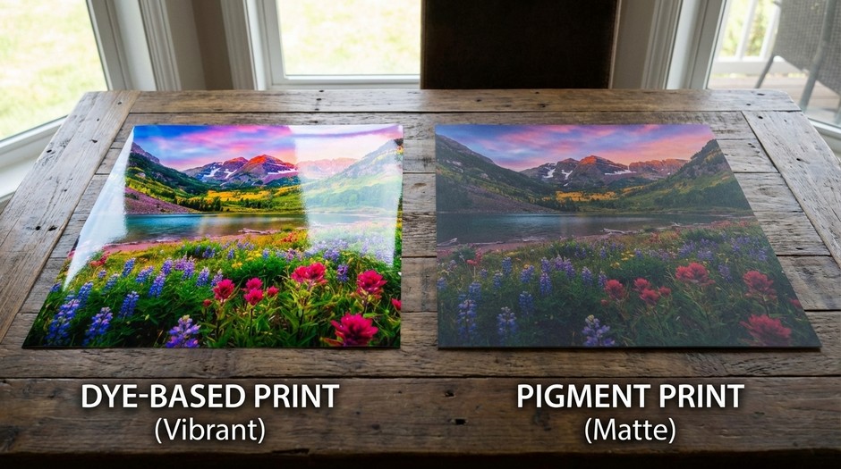 Слева &mdash; чернила на красителях, справа &mdash; пигментные чернила