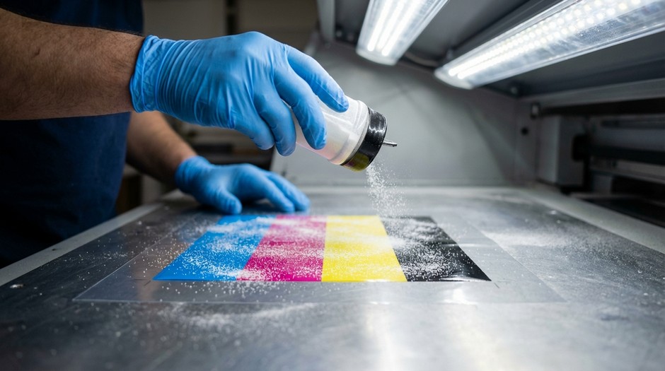 Процесс DTF-печати: нанесение клеевого порошка на плёнку с отпечатком