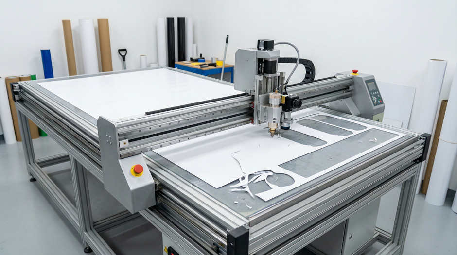 Режущий плоттер (каттер) вырезает виниловую пленку