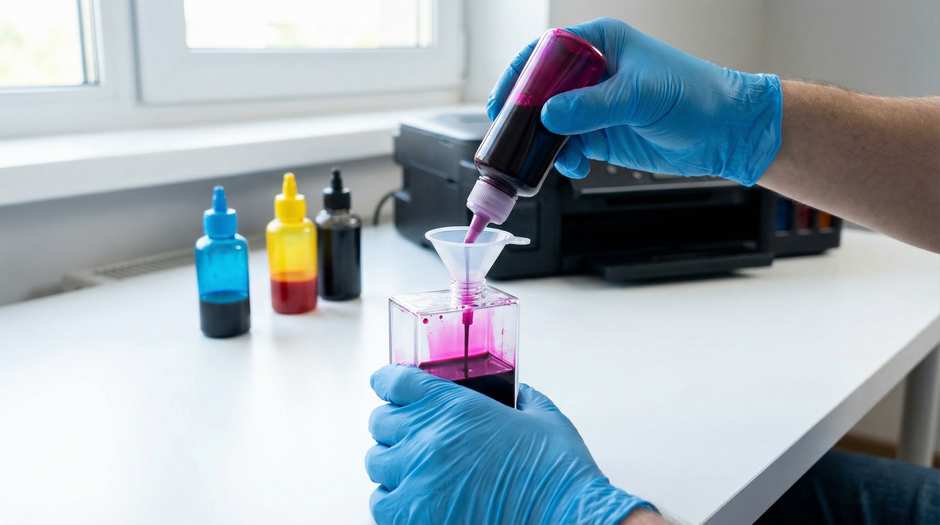 Заправка чернил в СНПЧ &mdash; процесс долива чернил в емкость системы непрерывной подачи через воронку