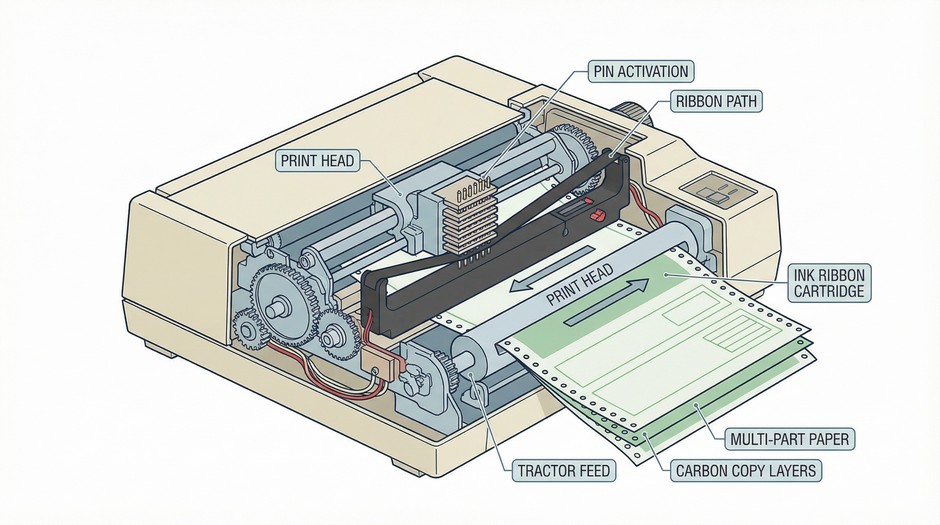Устройство матричного принтера с печатающей головкой, иголками и красящей лентой