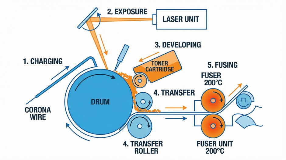 Схема работы лазерного принтера: лазерный луч, фотобарабан, тонер и печка для закрепления изображения