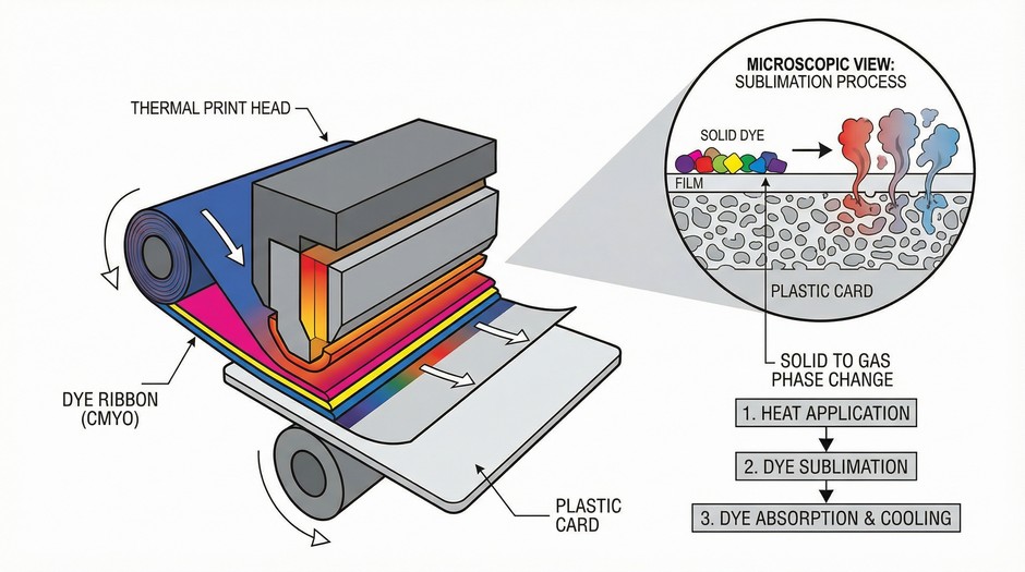 Процесс сублимационной печати на пластиковой карте с нанесением защитного слоя