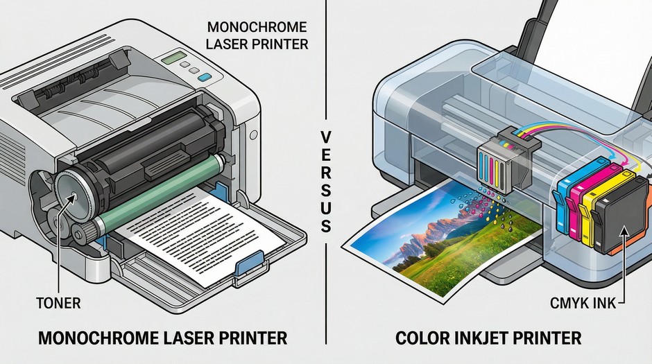 Сравнение монохромного и цветного принтеров: черно-белая печать документов и полноцветная печать фотографий